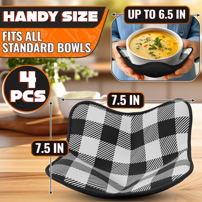 4 Piece Microwave Bowl Holder Set – 7.5 x7.5  Microwave Bowl Holders for Hot Food Black and White Checkered Fabric for Safe & Easy Handling – Machine Washable