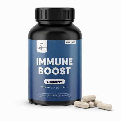 Immune Support Capsules for Adults with Elderberry, Vitamin C, Vitamin D3 & Zinc – Daily Immune Defense Supplement  Zealthy Life  60 Capsules