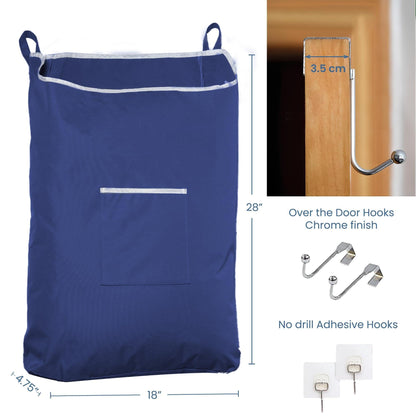 Fine Living Large Hanging Laundry Hamper with Over Door Hooks & Adhesive Durable Space Saving Laundry Bag with Zipper and Wide Open Top Hanging Dorm Laundry Hamper 18 x4.75 x28  (Navy Blue L)