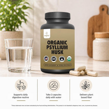 Organic Psyllium Husk Capsules 750 mg, Natural Fiber Supplement for Gut Health*  Alternative to Psyllium Husk Powder, Zealthy Life, 250 Capsules  Pack of 2