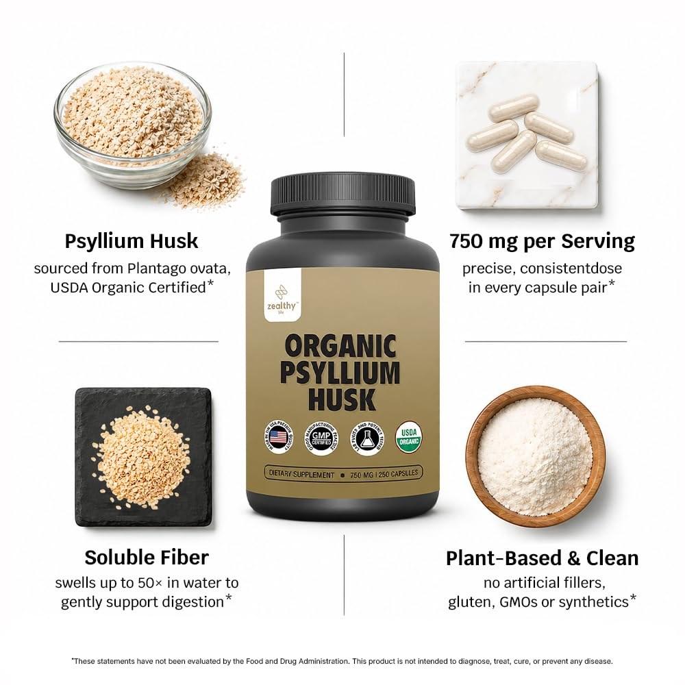 Organic Psyllium Husk Capsules 750 mg, Natural Fiber Supplement for Gut Health*  Alternative to Psyllium Husk Powder, Zealthy Life, 250 Capsules  Pack of 2
