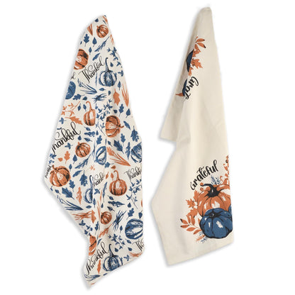 Set of 2 Thankful & Grateful Printed Dish Towels Hand Towels Boho Tea Towels Multifunctional Stylish Absorbent Quick Dry Soft 18  x28  100% Cotton Blue & Orange