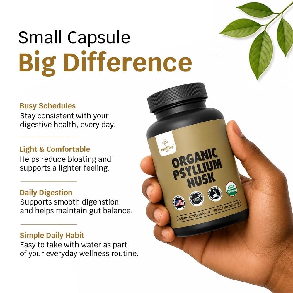 Organic Psyllium Husk Capsules 750 mg, Natural Fiber Supplement for Gut Health*  Alternative to Psyllium Husk Powder, Zealthy Life, 250 Capsules  Pack of 2