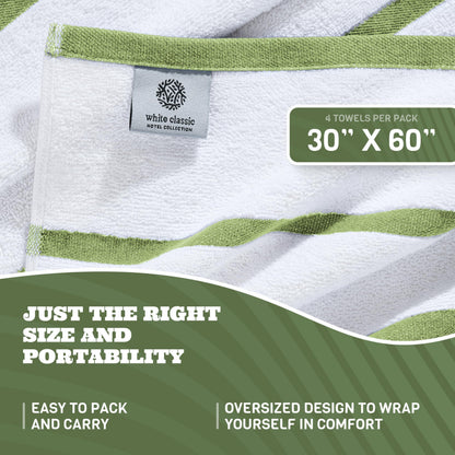 Cotton Pool Towels Oversized 30 x 60 Inch 4 Pack Ultra Absorbent and Low Lint Striped Beach Towels for Adults Stripes Design Luxury Extra Large Bath Towels Green
