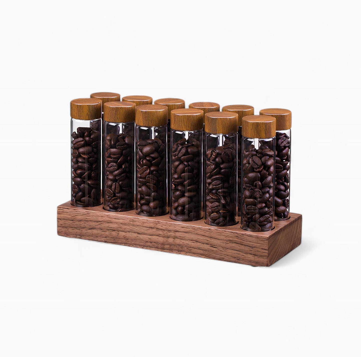 Coffee Bean Storage Tubes With Walnut Wood Base