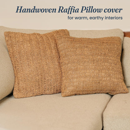 Raffia Hand Knitted Pillow Cover 18x18 inch Boho Decorative Cushion Cover for Couch Sofa or Bed Rustic Natural Throw Pillow Case 1pc