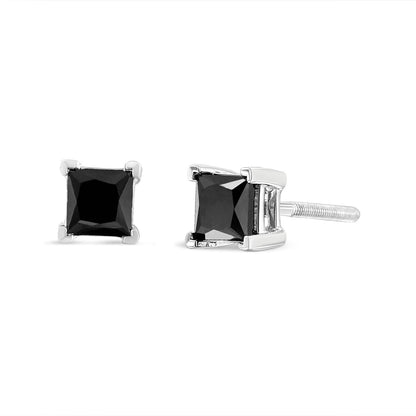 14K White Gold 4.00 Cttw Princess-Cut Treated Black Diamond Classic 4-Prong Stud Earrings with Screw Backs (Fancy Color-Enhanced, I2-I3 Clarity)