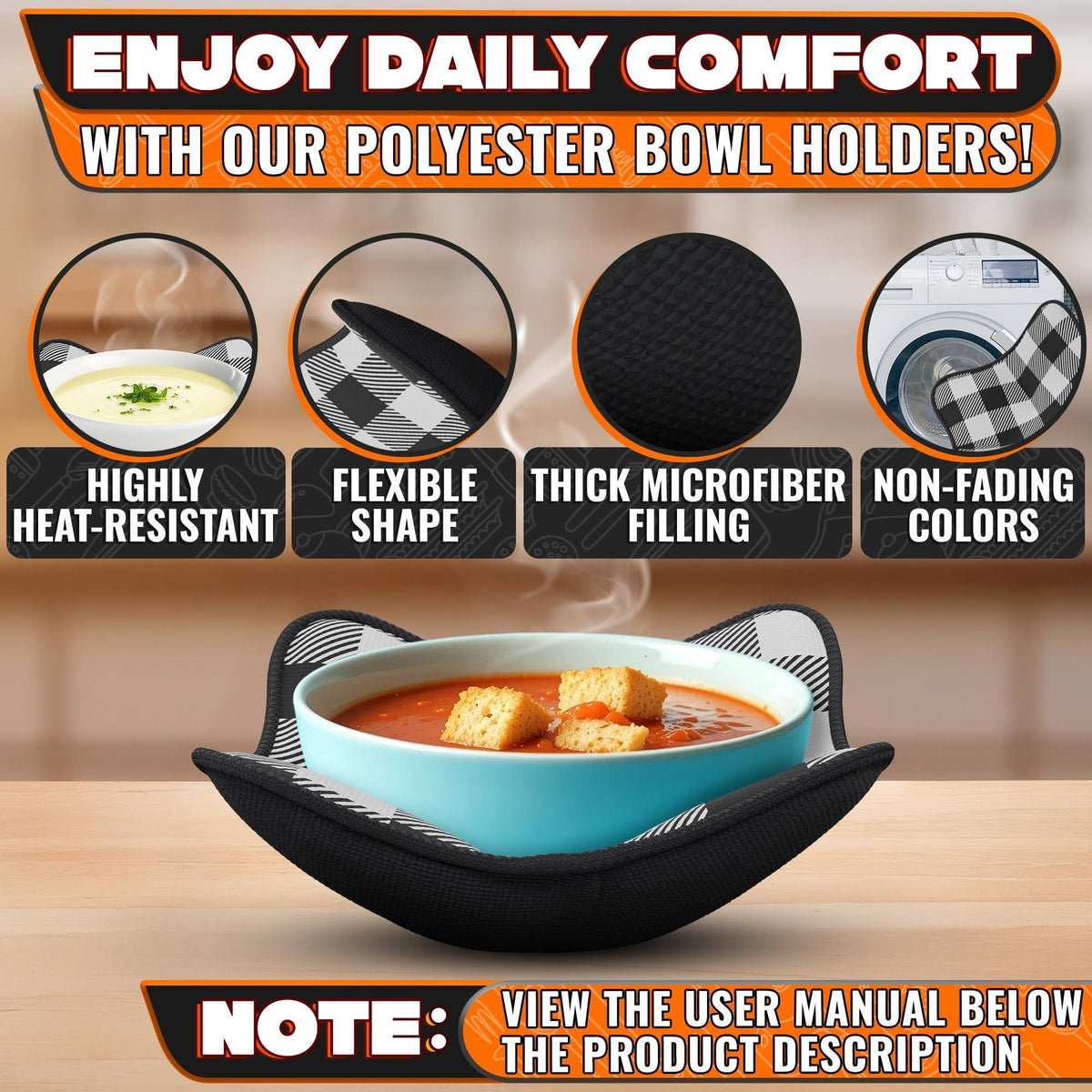 4 Piece Microwave Bowl Holder Set – 7.5 x7.5  Microwave Bowl Holders for Hot Food Black and White Checkered Fabric for Safe & Easy Handling – Machine Washable
