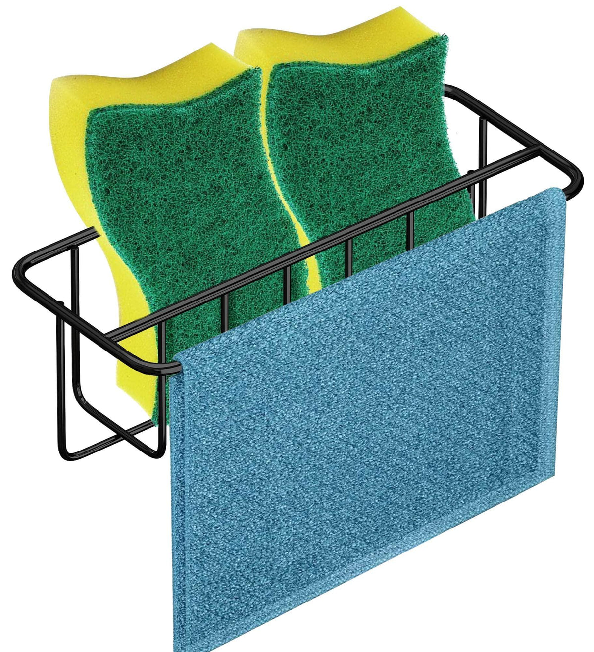 Adhesive Kitchen Sink Sponge Holder   Dish Cloth Hanger   Soap Holder 2 in 1 Kitchen Sink Caddy 304 Stainless Steel Rust Proof Water Proof No Drilling (Black)