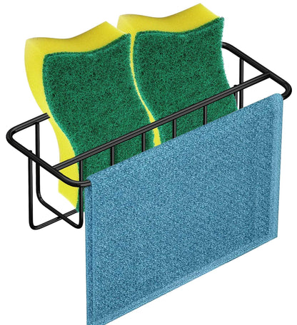 Adhesive Kitchen Sink Sponge Holder   Dish Cloth Hanger   Soap Holder 2 in 1 Kitchen Sink Caddy 304 Stainless Steel Rust Proof Water Proof No Drilling (Black)