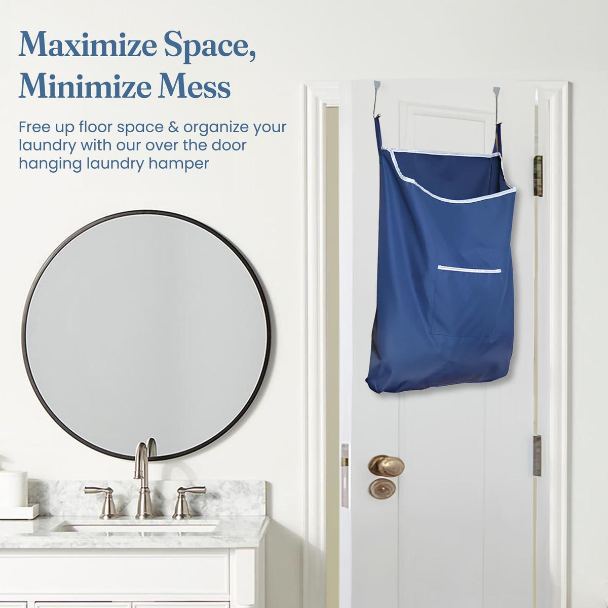 Fine Living Large Hanging Laundry Hamper with Over Door Hooks & Adhesive Durable Space Saving Laundry Bag with Zipper and Wide Open Top Hanging Dorm Laundry Hamper 18 x4.75 x28  (Navy Blue L)