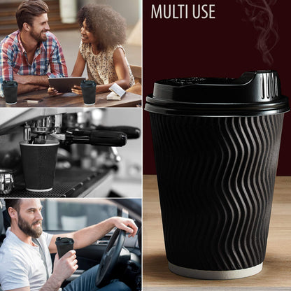 Primens Insulated Disposable Coffee Cups with Lids & Straws 12 oz, 100 Packs  Paper Cups for Hot Beverage Drinks To Go Tea Coffee Home Office Car Coffee Shop Party (Black)