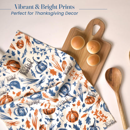 Set of 2 Thankful & Grateful Printed Dish Towels Hand Towels Boho Tea Towels Multifunctional Stylish Absorbent Quick Dry Soft 18  x28  100% Cotton Blue & Orange