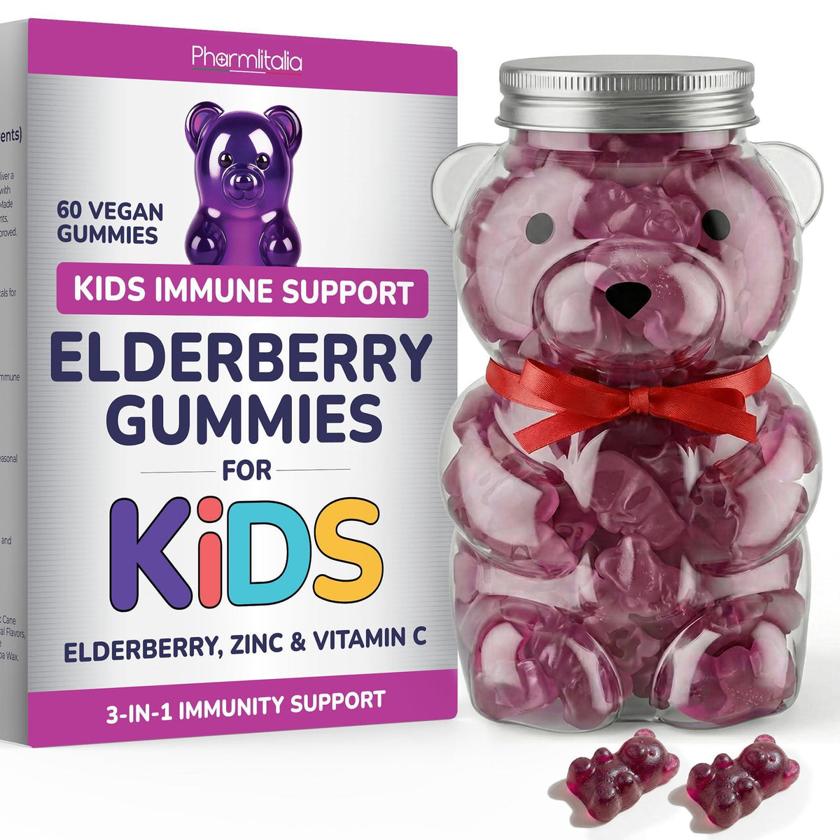 Elderberry Gummies for Kids  3 in 1 Immune Support with Zinc & Vitamin C   Kids Elderberry Gummies for Daily Immunity  Vegan Formula for Strong Immune Health   60 Count