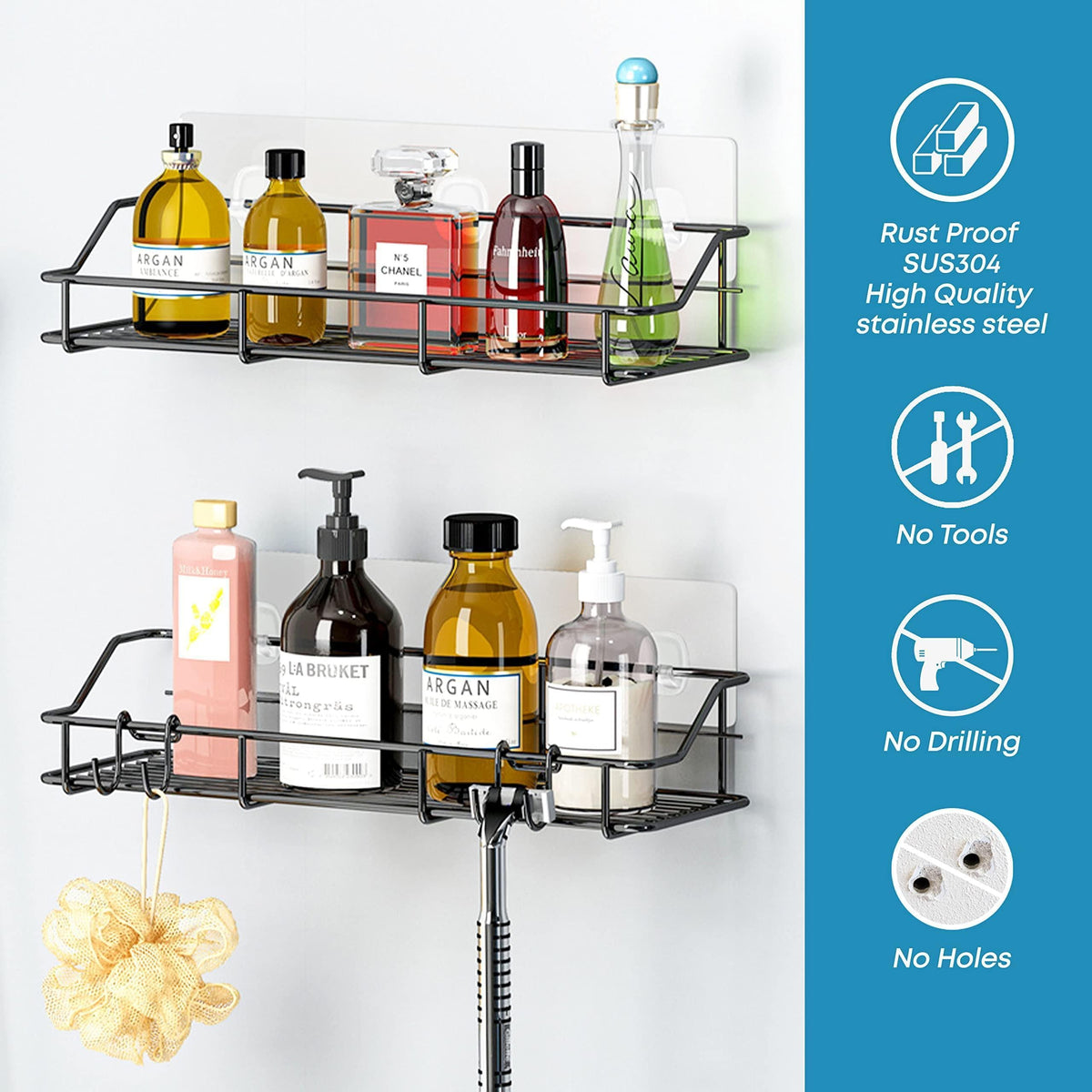 Adhesive Shower Caddy 2 Pack Black Shelf Organizer with Hooks Stainless Steel