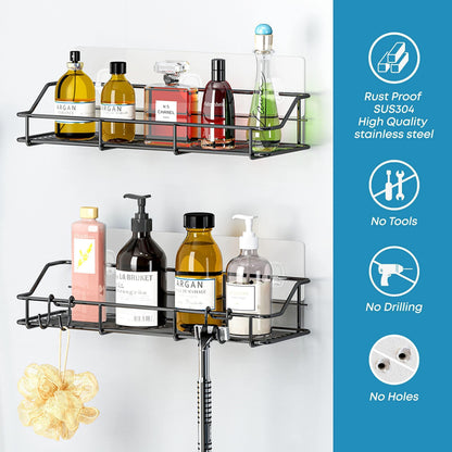 Adhesive Shower Caddy 2 Pack Black Shelf Organizer with Hooks Stainless Steel