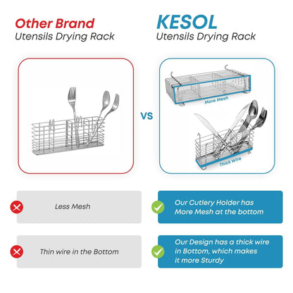 Sturdy 304 Stainless Steel Utensil Drying Rack Basket Holder with Hooks 3 Divided Compartments Rust Proof No Drilling