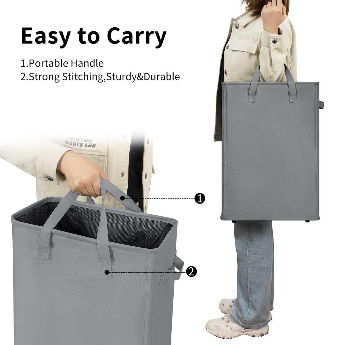 Slim Laundry Hamper With Handles Collapsible Laundry Basket Thin Dirty Clothes Basket Narrow Laundry Bag Foldable Dirty Cloth Hamper 45L (21 inchesGrey)