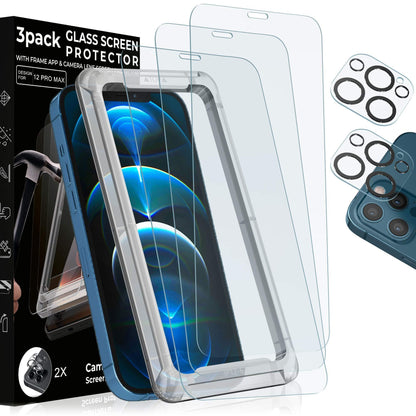 3 Pack Screen Protector Premium Quality Compatible for iPhone 12 Pro Max with 2 Pack Camera Lens Protector Tempered Glass 9H Hardness 2.5D with Easy Instalation Case (6.7 Inch)