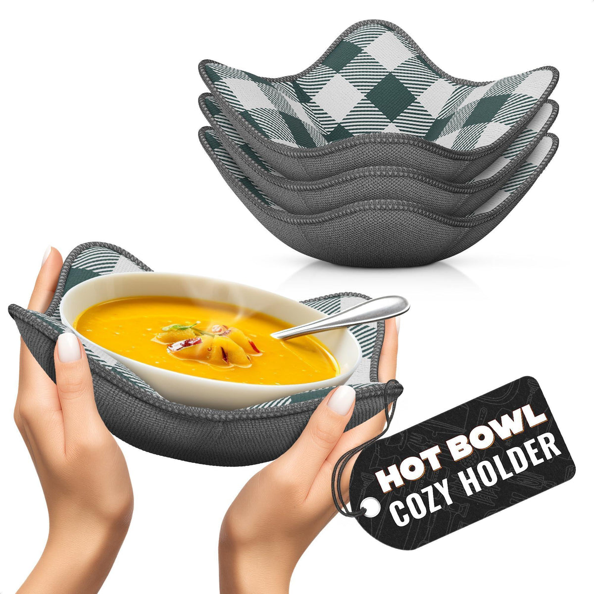 4 Pcs Microwave Bowl Cozy Holders (Gray & White Checkered) – Heat Resistant Microwave Bowl Holders for Hot Food Protect Hands from Hot Dishes – Soft Fabric for Safe & Convenient Use in the Kitchen