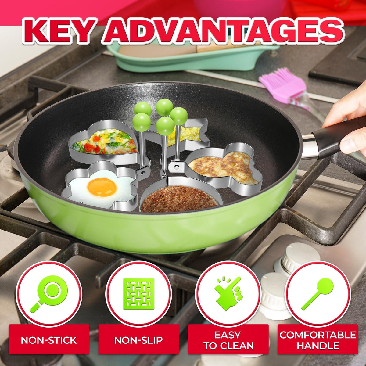 5 Pcs Pancake Mold Set – Stainless Steel Pancake Molds for Griddle with Fun Shapes Comfortable Handles and Non Slip Design – Egg Shaper for Frying Pan With Silicone Brush for Easy Use & Cleaning