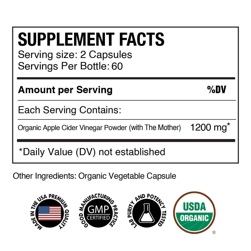 Organic Apple Cider Vinegar with The Mother – 1200mg Capsules for Optimal Wellness, GlutenFree, NonGMO, 120 Veggie Capsules – Zealthy Life