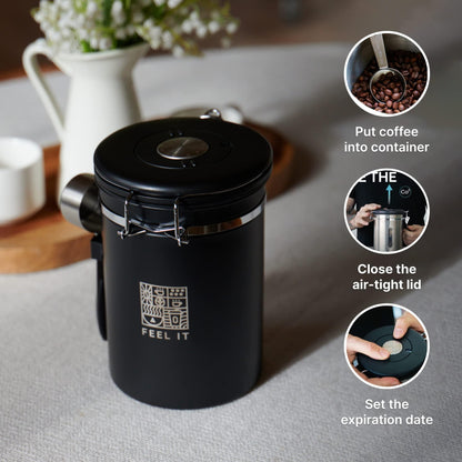 Stainless Steel Coffee Canister   21oz Airtight Kitchen Food Storage Container with Date Tracker CO2 Release Valve and Measuring Scoop For Ground Coffee Beans Tea Sugar Large (Black)