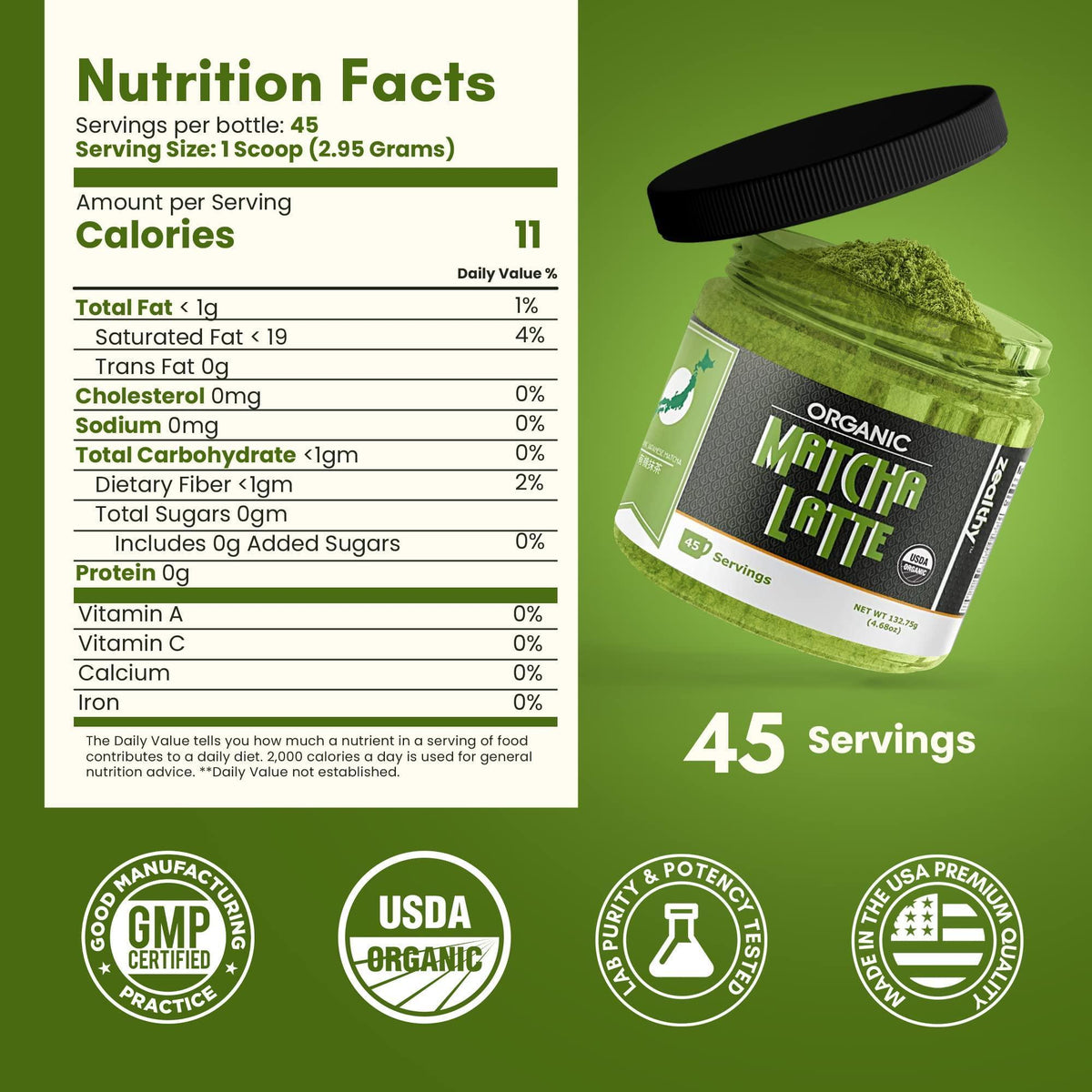 Zealthy Life   Organic Matcha Latte Pure Japanese Tea Blend with Ashwagandha & Maca Matcha Tea Powder with Natural Coconut Milk & Vanilla No Added Sugar 4.68 oz (45 Servings)