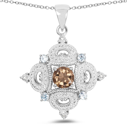3.00 Carat Genuine Smoky Quartz, Blue Topaz and White Topaz .925 Sterling Silver Pendant
