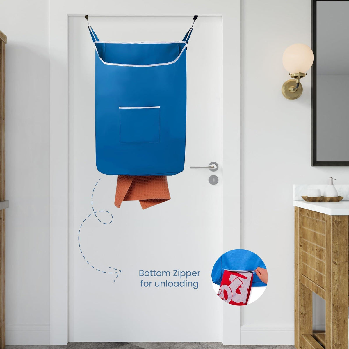 X Large Blue Hanging Laundry Hamper with Over Door Hooks 20x 3.75x 31 inch Adhesive Durable Space Saving Laundry Bag with Zipper and Wide Open Top Hanging Dorm Laundry Hamper Blue XL