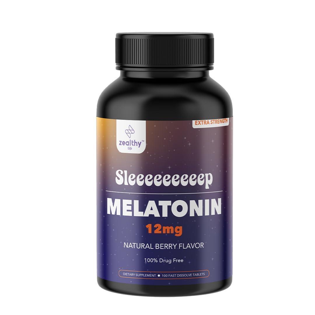 Melatonin 12mg Fast Dissolve Tablets – Natural Berry Flavor 100 Count – Extra Strength Sleep Support for Adults – Non Habit Forming 100 Day Supply