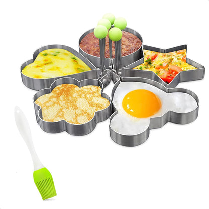 5 Pcs Pancake Mold Set – Stainless Steel Pancake Molds for Griddle with Fun Shapes Comfortable Handles and Non Slip Design – Egg Shaper for Frying Pan With Silicone Brush for Easy Use & Cleaning