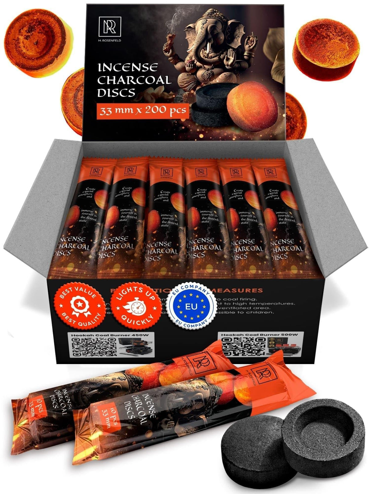 Charcoal Discs to Burn Incense  200 pcs Charcoal for Incense Burning  33 mm Most Quick Light Coals Tablets by M. ROSENFELD  33 mm Resin Burner Rolls – Pack of 200 Instant Fire Coal Tablets