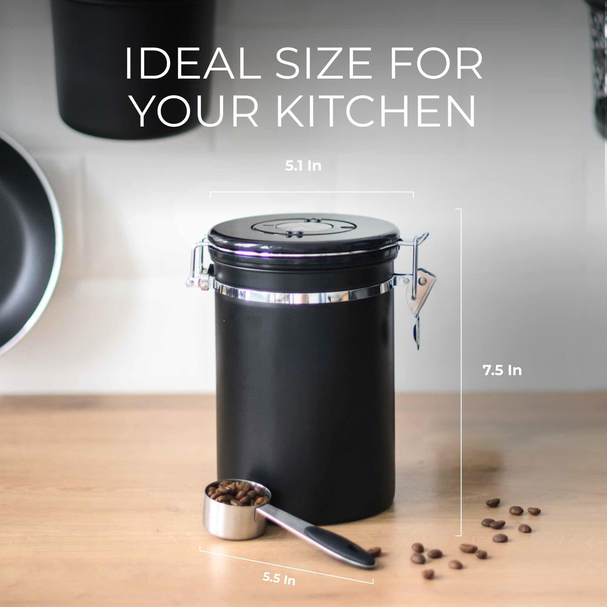 Stainless Steel Coffee Canister   21oz Airtight Kitchen Food Storage Container with Date Tracker CO2 Release Valve and Measuring Scoop For Ground Coffee Beans Tea Sugar Large (Black)