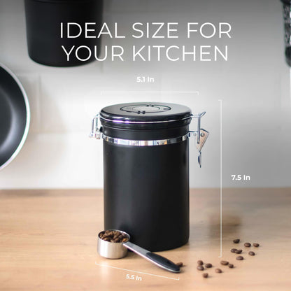 Stainless Steel Coffee Canister   21oz Airtight Kitchen Food Storage Container with Date Tracker CO2 Release Valve and Measuring Scoop For Ground Coffee Beans Tea Sugar Large (Black)