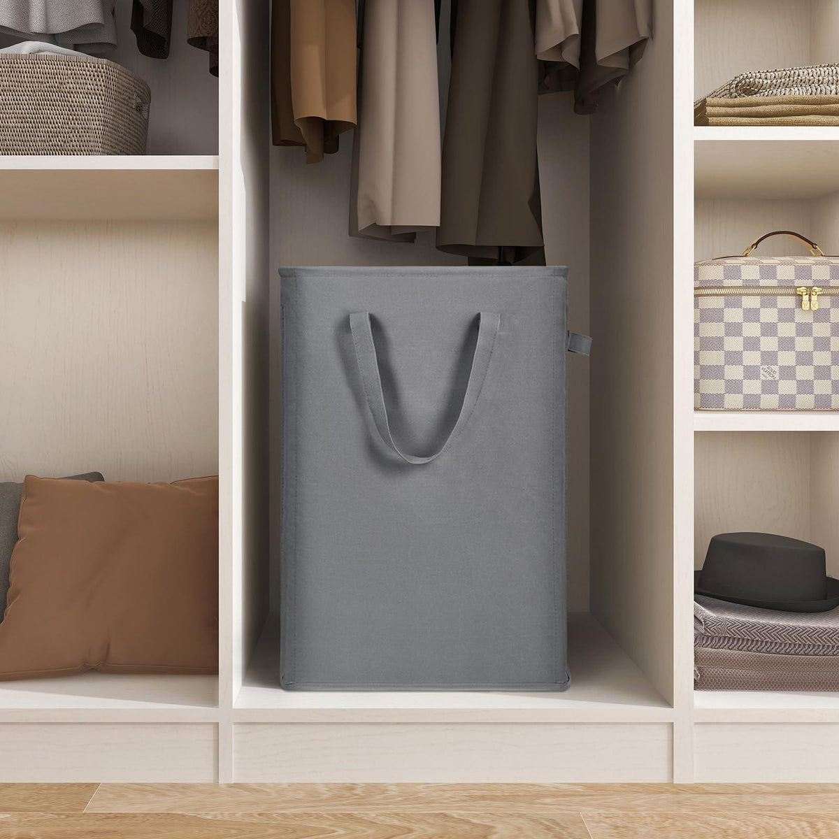Slim Laundry Hamper With Handles Collapsible Laundry Basket Thin Dirty Clothes Basket Narrow Laundry Bag Foldable Dirty Cloth Hamper 45L (21 inchesGrey)