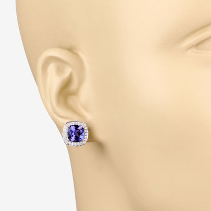 5.98 Carat Genuine Tanzanite and White Diamond 14K Yellow Gold Earrings