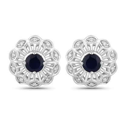 0.60 Carat Genuine Blue Sapphire and White Diamond 14K White Gold Earrings