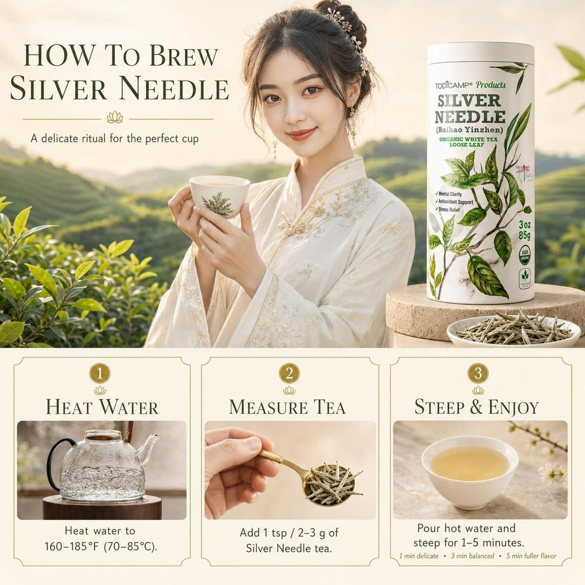 TODICAMP Premium Silver Needle Tea  3 oz of Premium White Tea Loose Leaf