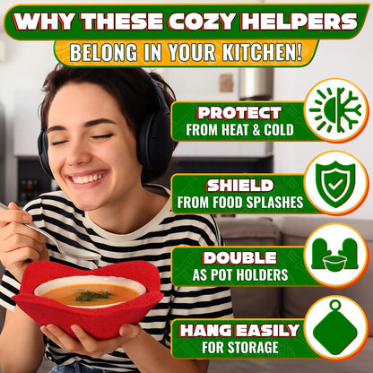 2 Pcs Red Microwave Bowl Holder (7.5 ×7.5 ) – Microwave Bowl Cozy with Durable Heat Resistant Fabric for Hot Dishes – Effortless Secure Serving of Hot Food Bowls Cups & Saucers