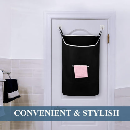 The Fine Living Co. Large Hanging Laundry Hamper with Over Door Hooks & Adhesive Durable Space Saving Laundry Bag with Zipper and Wide Open Top Hanging Dorm Laundry Hamper 18 x4.75 x28  (Black L)