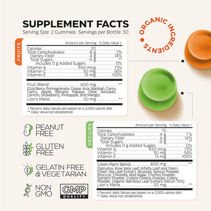 Super Greens  Super Fruits Gummies (Fruits/Greens Powder in Gummies Form)  600mg Greens Blend  600mg Fruits Blend for Immune Support, Sugar Free, Vegetarian, NonGMO, 2Pack (120 Gummies)