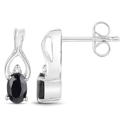 14K White Gold Plated 1.11 Carat Genuine Black Sapphire and White Diamond .925 Sterling Silver Earrings