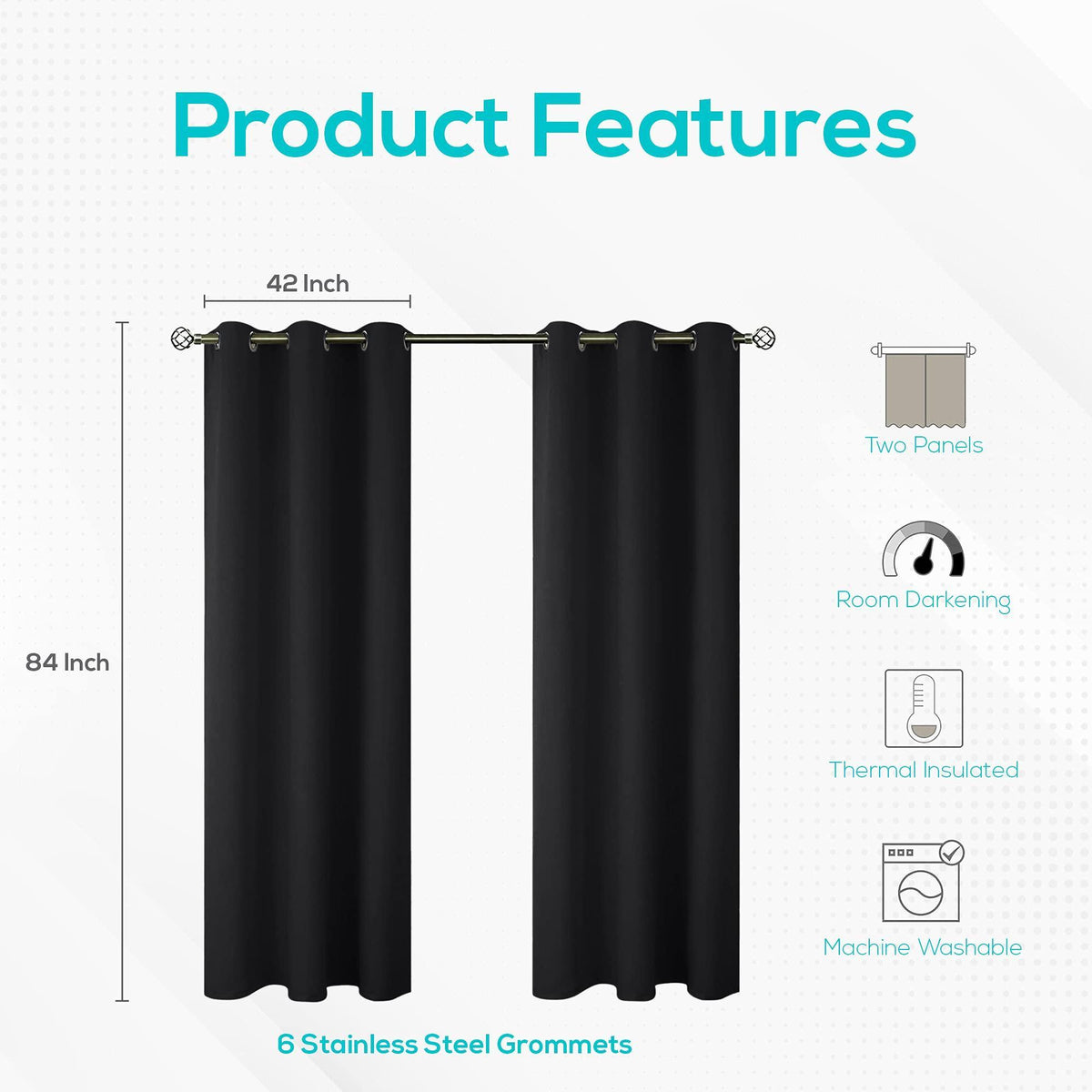 [2 Panels Cozlo Blackout Curtains for Bedroom with Grommet Black Out Room Darkening Window Curtains Thermal Insulated Drapes (42x84 inch Black)