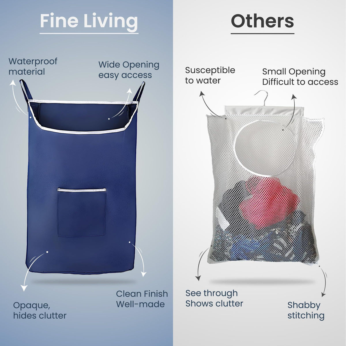 Fine Living Large Hanging Laundry Hamper with Over Door Hooks & Adhesive Durable Space Saving Laundry Bag with Zipper and Wide Open Top Hanging Dorm Laundry Hamper 18 x4.75 x28  (Navy Blue L)