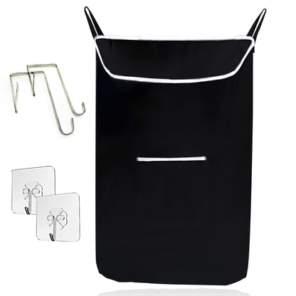 The Fine Living Co. Large Hanging Laundry Hamper with Over Door Hooks & Adhesive Durable Space Saving Laundry Bag with Zipper and Wide Open Top Hanging Dorm Laundry Hamper 18 x4.75 x28  (Black L)