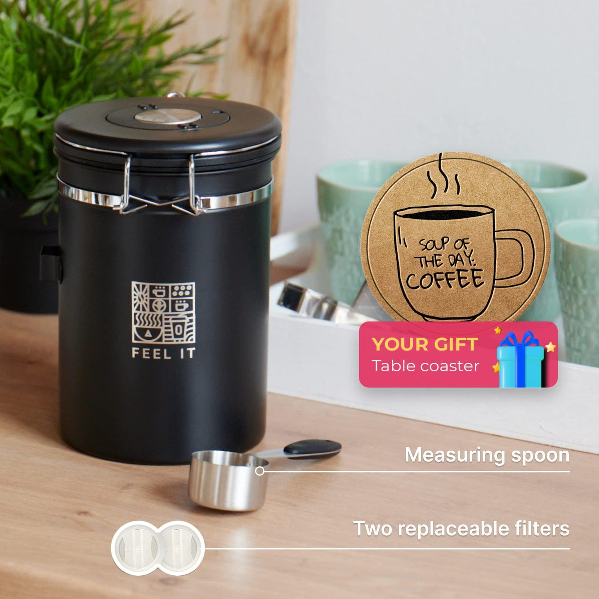 Stainless Steel Coffee Canister   21oz Airtight Kitchen Food Storage Container with Date Tracker CO2 Release Valve and Measuring Scoop For Ground Coffee Beans Tea Sugar Large (Black)