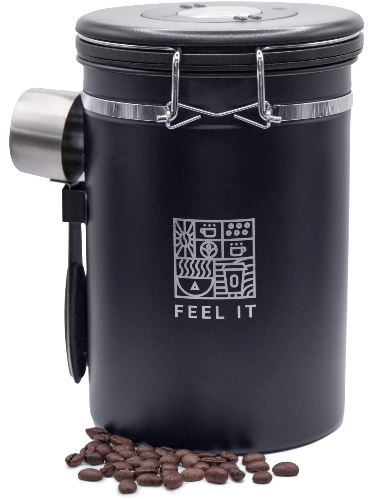 Stainless Steel Coffee Canister   21oz Airtight Kitchen Food Storage Container with Date Tracker CO2 Release Valve and Measuring Scoop For Ground Coffee Beans Tea Sugar Large (Black)