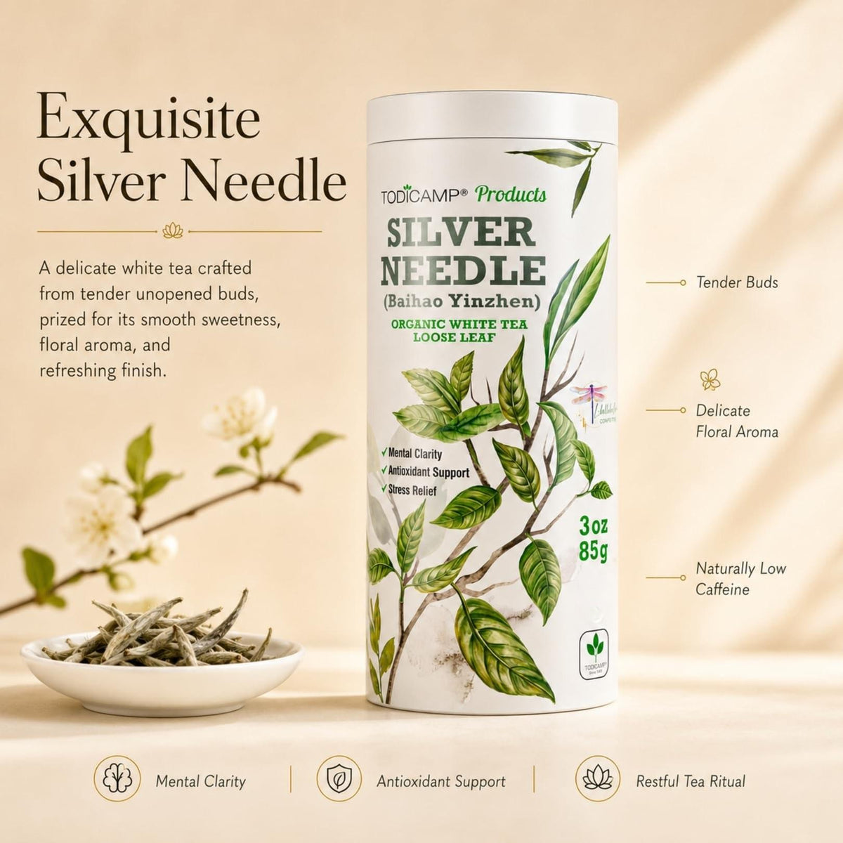 TODICAMP Premium Silver Needle Tea  3 oz of Premium White Tea Loose Leaf