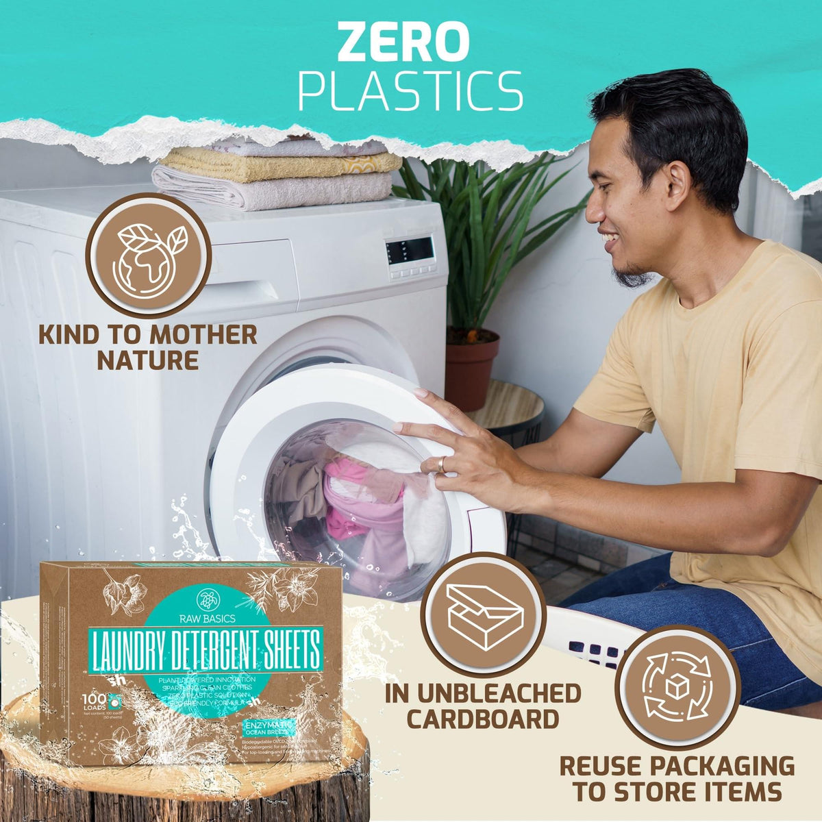 Laundry Detergent Sheets  Ocean Breeze Scent  Zero Waste, Plastic Free Natural Soap  Travel Size Essentials for Washing Clothes, 100 Loads